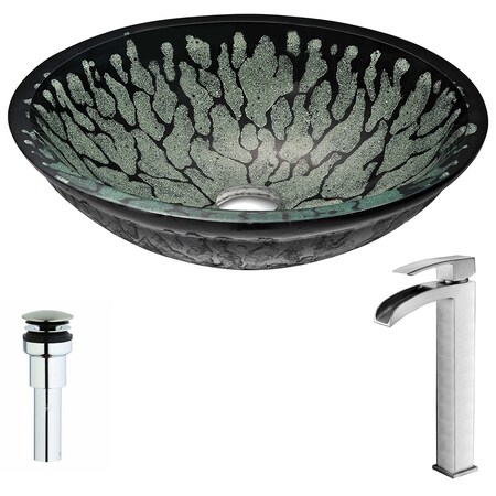 Bravo Deco-Glass Vessel Sink, Black With Key Faucet, Brushed Nickel